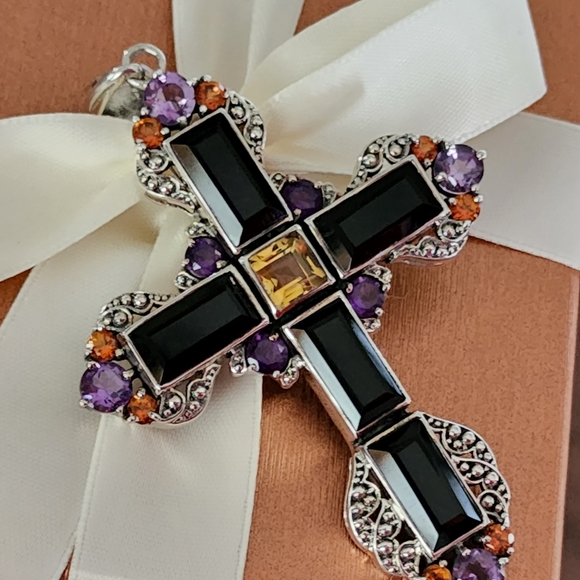 NICKY BUTLER RAJ COLLECTION LIMITED Sterling Silver Onyx Cross Pendant 925 NB - Picture 2 of 10